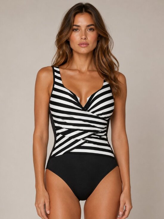Miraclesuit Other - Miraclesuit Black White Striped Wrap Front One-Piece Swimsuit Estimated M